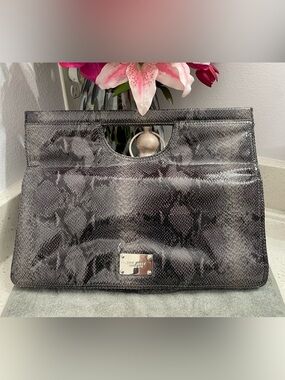 Nine West Gray Snakeskin-Pattern Clutch with Silver Plaque